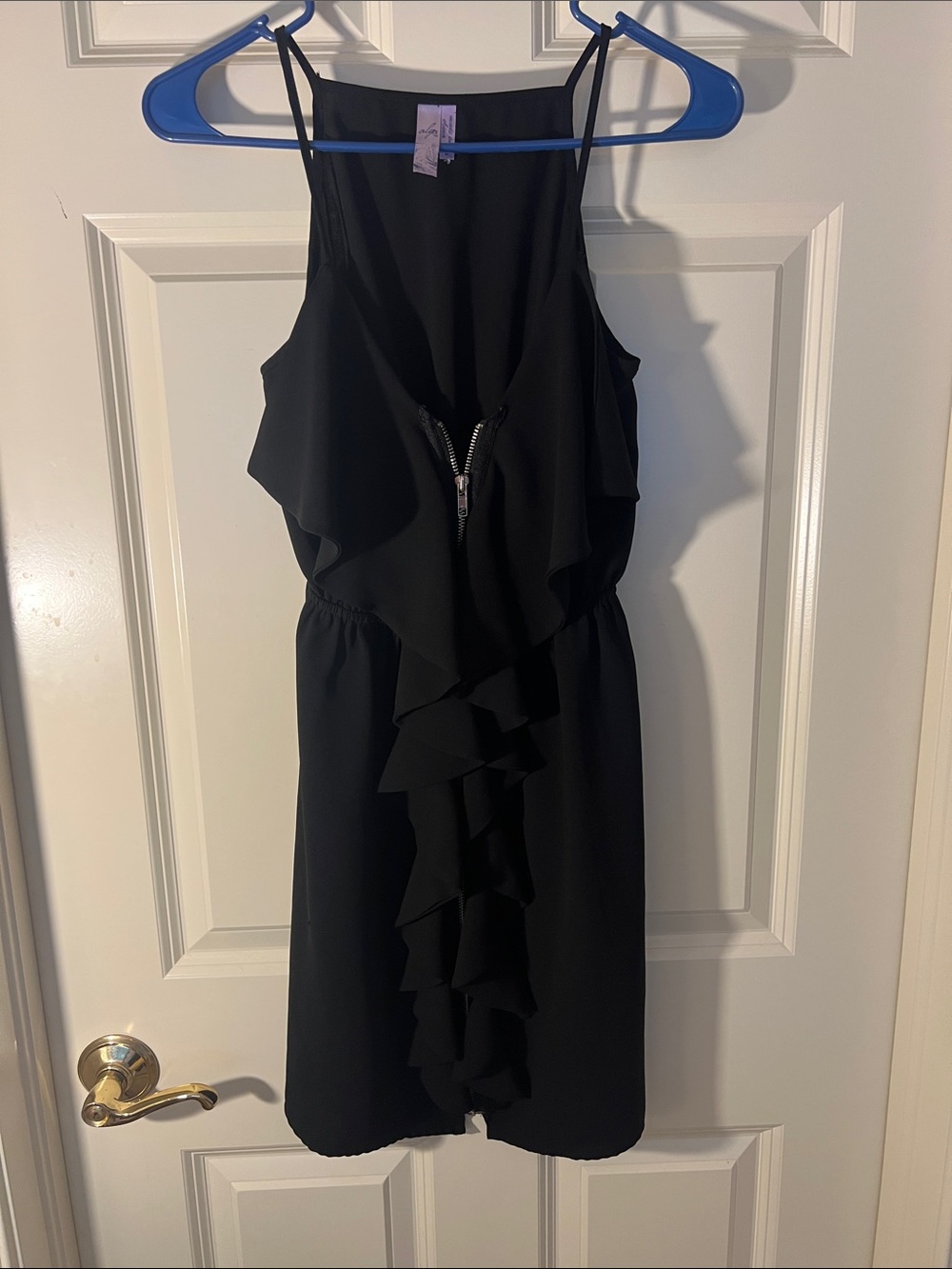Black Ruffle Front Mini Dress with Center Zip
